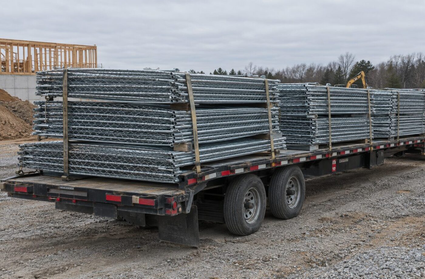 Flatbed trailer delivering stacked temporary fence panels to a construction site