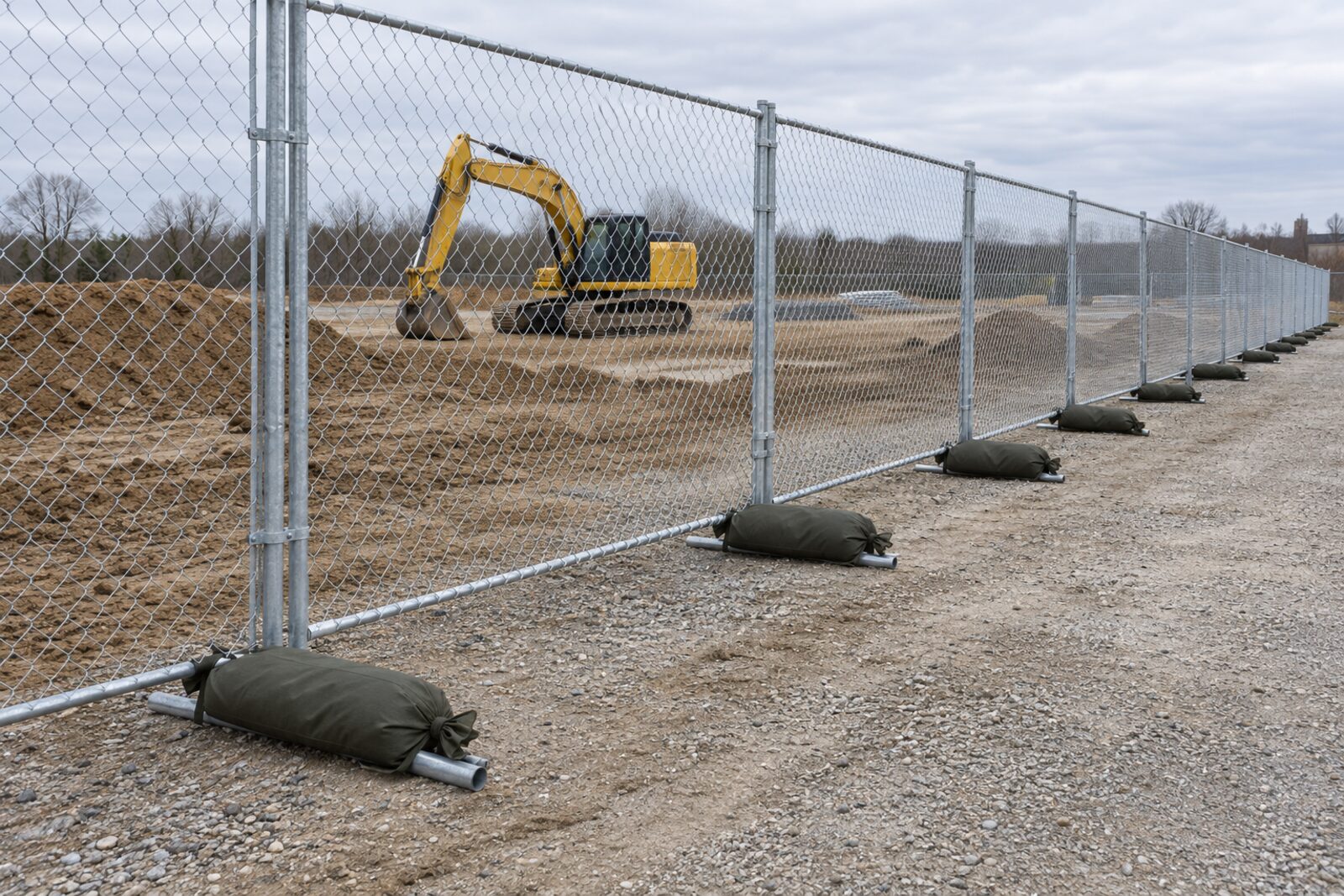 Illustrative temporary chain-link panels supported by steel feet with sandbag ballast at a construction site