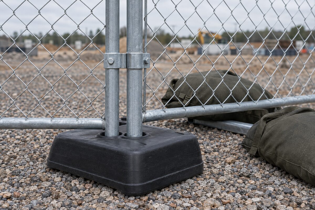 Illustrative chain-link panel detail showing a weighted rubber base and sandbag ballast